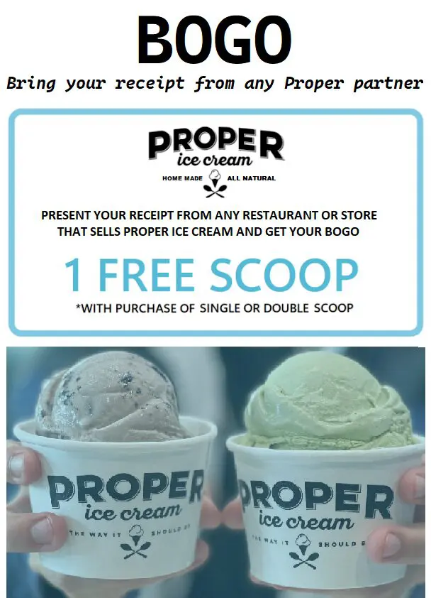 A poster on 1 free scoop with purchase of single scoop by Proper ice-cream